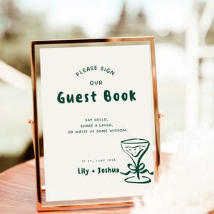 Guest Book Sign Template, Green Hand Drawn Wedding Guestbook Table Sign, Whimsical Wedding, Editable Canva Sign, Illustrated Wedding Signage