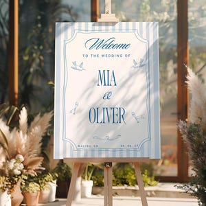 Retro Blue Stripes Welcome Sign Template, Elegant Garden Party Welcome Wedding Sign, Vintage Wedding Welcome Signage Decor Editable -WD107