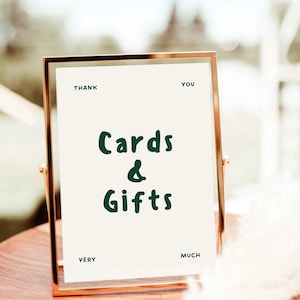 Green Hand Draw Cards and Gifts Sign, Wedding Table Sign, Illustrated Wedding Decor, Whimsical Wedding Signage Template, Editable Canva Sign