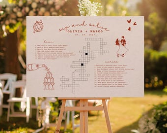 Hand Drawn Wedding Crossword Puzzle, Sip and Solve Game Template, Whimsical Wedding Guest Activity, Printable Personalized Puzzle -WD106