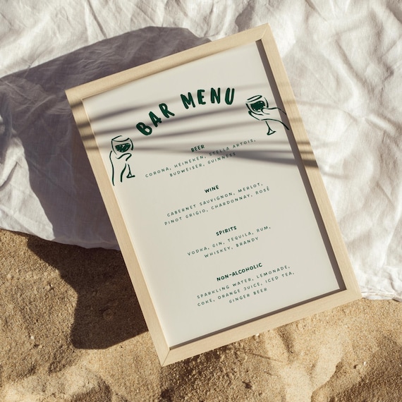 Green Bar Sign Wedding Template, Hand Drawn Whimsical Signature Drink Sign,Illustrated Cocktail Menu Printable,Editable Canva Bar Sign-WD111