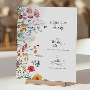 Wildflower Signature Drinks Schild Vorlage, druckbare Hochzeit Bar Menü, DIY Signatur Cocktails Schild 15 x 20 x 25 cm Boho Blumen Getränkekarte - WH101