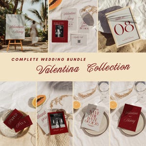 May include: A complete wedding bundle featuring stationery items. Includes a welcome sign, invitation cards, table number, and thank you cards. The color scheme is burgundy and white, with elegant calligraphy.