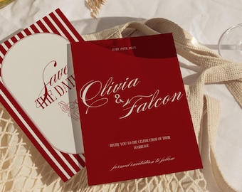 Bourgondische Save the Date-sjabloon, oud geld elegante huwelijksuitnodiging, luxe rode en crème afdrukbare kaart, klassieke canvas digitale uitnodiging WD018