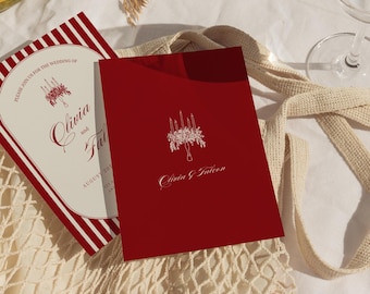 Mall för bröllopsinbjudan i vinröd färg, elegant bröllopsinbjudan med gamla pengar, klassisk röd och krämfärgad lyxinbjudan, redigerbar canvastryckbar WD018