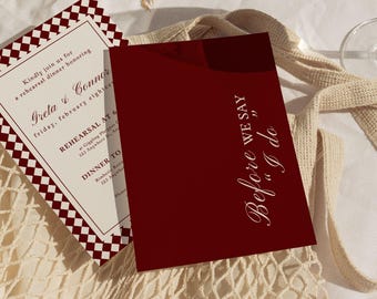 Burgundy Rehearsal Dinner Invitation Template,Old Money Wedding Invite,Elegant The Night Before Card,Luxury Canva Printable Stationery WD019