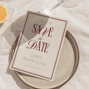 Modern Burgundy Save the Date Template, Classic Old Money Elegant Red & Cream Wedding Announcement, Printable Digital Stationery - WD015