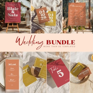 May include: A wedding bundle with various templates, including invitations, table cards, and seating charts. The color palette features shades of red, yellow, and orange. The text includes "Blair & Nate," "Wedding Bundle," and "Find Your Seat."