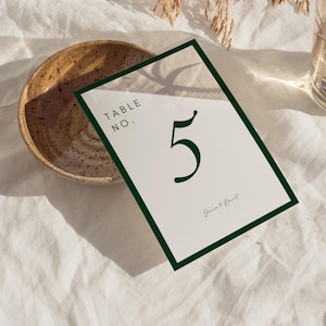 May include: A white table number card with a dark green border and the number 5 in the center. The words "TABLE NO." are at the top, and a signature is at the bottom. A ceramic bowl is in the background.