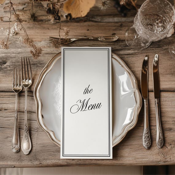 Luxury Old Money Wedding Menu Card, Elegant Modern Minimalist Black White Calligraphy Printable Editable Canva Template for Reception -WD013