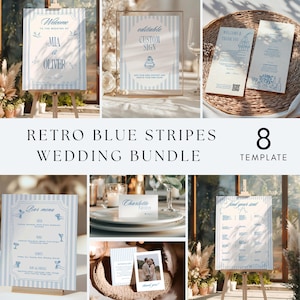 Set di insegne per matrimonio a strisce blu retrò, insegne per matrimonio vintage modificabili, elegante set di insegne blu stampabili, modello Canva per decorazioni per matrimonio