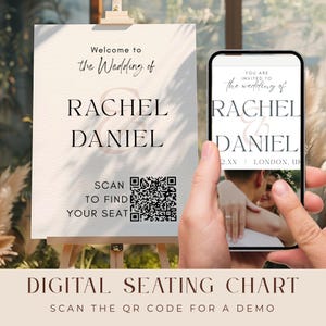 Può includere: Un cartello nuziale su un cavalletto con i nomi Rachel e Daniel. Uno smartphone mostra un tableau de mariage digitale con gli stessi nomi. Il cartello include un codice QR e il testo "Scansiona per trovare il tuo posto."
