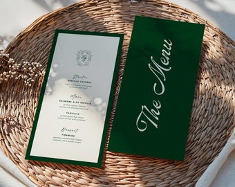 Modello di menu per matrimonio verde smeraldo, menu per cena di lusso in stile old money, cartello per ricevimento stampabile classico verde e crema, biglietto Canva modificabile WD016
