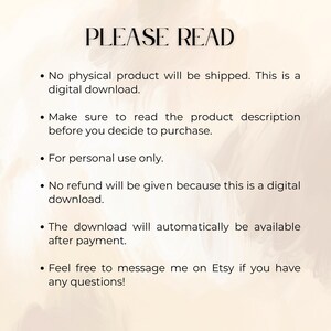 Puede incluir: Un aviso de descarga digital con las palabras "POR FAVOR, LEA" en letras negras grandes y en negrita en la parte superior. El texto a continuaci&oacute;n explica los detalles de la descarga digital, incluyendo que no hay producto f&iacute;sico, solo para uso personal y sin reembolso.