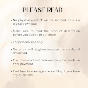 May include: A digital download notice with the words "PLEASE READ" in large, bold, black letters at the top. The text below explains the digital download details, including no physical product, personal use only, and no refunds.