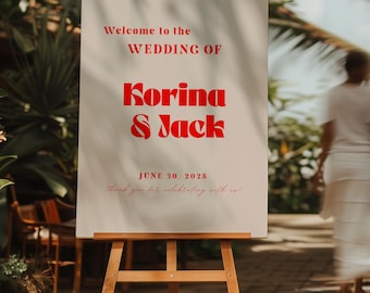 Retro Hochzeit Willkommen Schild Vorlage, Vintage Hochzeit Beschilderung, Funky Buntes Willkommensschild, bearbeitbares Canva Retro Hochzeitsdekor - BT014