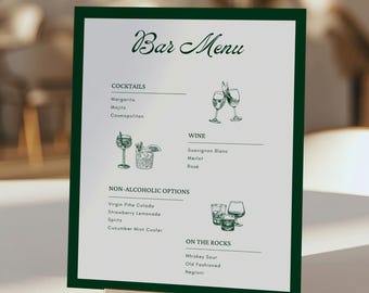 Emerald Green Bar Menu Sign, Old Money Luxury Wedding Bar Sign, Classic Green & Cream Cocktail Menu, Printable Editable Canva Template WD016