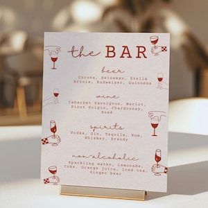 Plantilla de letrero de bar dibujado a mano, carta ilustrada de bebidas de autor, letrero imprimible para bodas, letrero minimalista editable para cócteles -WD106