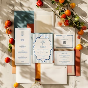 Invitación de boda con diseño de rayas azules retro, diseño a mano, con RSVP, tarjeta con detalles del menú y plantilla imprimible para papelería de boda - WD107