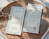 Blue Hydrangea Wedding Menu Card with Backside Welcome + Thank You + Share Photos, Elegant Modern Printable Dinner, Editable Menu Card WD024