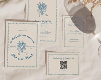 Hand Drawn Wedding Invitation Suite, Editable Blue Wedding Template with RSVP & Details Card, Whimsical Wedding Set, Canva Template - WD110