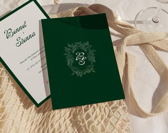 Smaragdgroene huwelijksuitnodiging, klassieke oude geld luxe uitnodiging, modern minimalistisch groen en crème sjabloon, afdrukbare elegante uitnodiging WD016