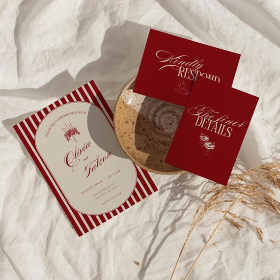 Burgundy Wedding Invitation Suite, Old Money Elegant Wedding Set, Classic Striped Red & Cream Invite, Luxury Editable Canva Template - WD018