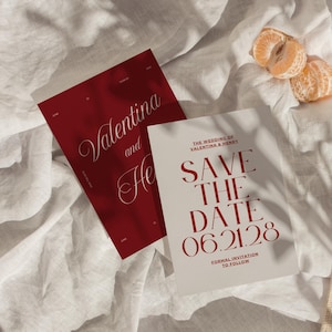 Modern Burgundy Save the Date Template, Elegant Save the Date Card, Cream & Red Wedding Invitation, Printable Digital Invite - WD109