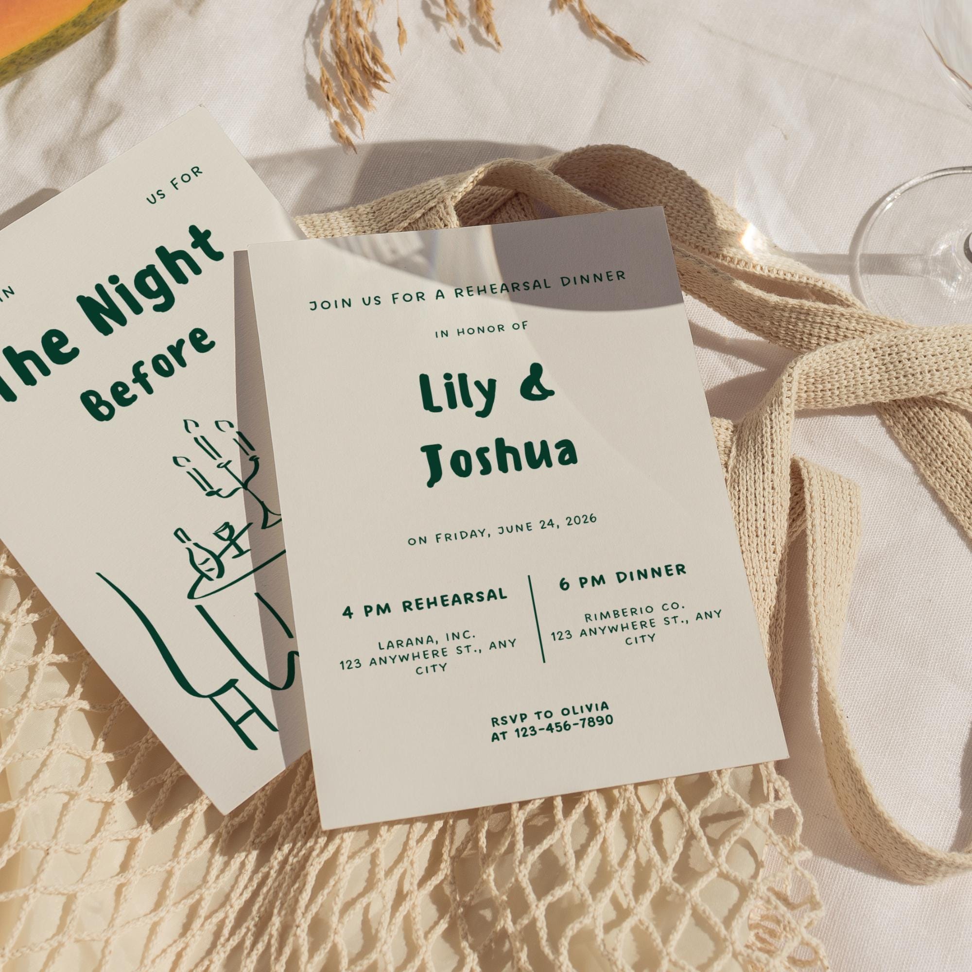 Green Hand Drawn Rehearsal Dinner Invitation, Illustrated