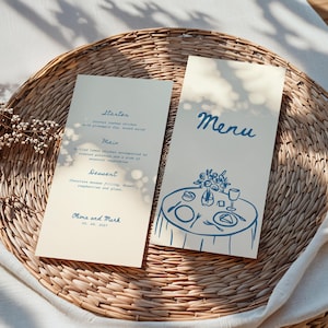 Hand Drawn Wedding Menu Template, Whimsical Blue Reception Menu Sign, Editable Canva Menu Card, Printable Wedding Stationery - WD110