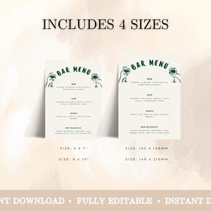 May include: Two bar menu templates with a minimalist design. The menus feature a green illustration of a hand holding a wine glass. The text includes categories for beer, wine, spirits, and non-alcoholic beverages. The sizes are 5 x 7, 8 x 10, 105 x 148mm, and 148 x 210mm.
