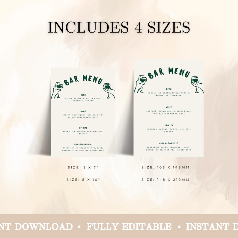 May include: Two bar menu templates with a minimalist design. The menus feature a green illustration of a hand holding a wine glass. The text includes categories for beer, wine, spirits, and non-alcoholic beverages. The sizes are 5 x 7, 8 x 10, 105 x 148mm, and 148 x 210mm.