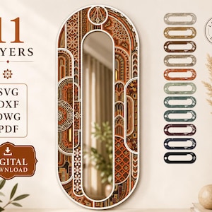 Op de afbeelding: Een ovale wandspiegel met een ingewikkeld 11-laags lasergesneden frame met geometrische en architecturale patronen in oranje, bruine en crèmetinten. Het digitale bestand bevat SVG-, DXF-, DWG- en PDF-formaten voor het lasersnijden.