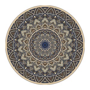 May include: A circular mandala design in shades of navy blue, tan, and brown. The intricate pattern features geometric shapes and floral motifs, creating a symmetrical and detailed artwork. The design is centered on a white background.