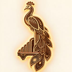 Puede incluir: Un estante de pared de madera con un diseño de pavo real en capas cortado con láser. El pavo real está representado en tonos marrones con intrincados patrones geométricos y plumas. Una luz cálida ilumina los bordes de la estructura.