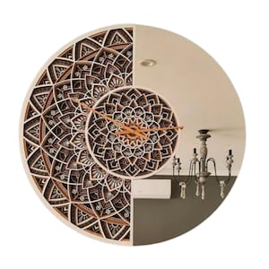 Digitaal bestand 6 lagen 3D | Meerlaags creatief spiegel- en klokontwerp, lasergesneden, mandala muurkunst SVG, dxf, dwg, pdf
