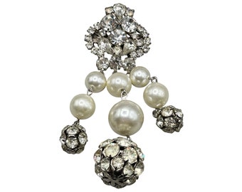 Vintage Rhinestone & Pearls Pin Brooch Clear Glass Stones Long Dangles Statement