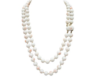 Signed TRIFARI Faux Angel Skin Coral Necklace Glass Beads Hand Knotted Strand