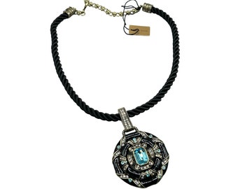 Heidi Daus Newport Chic Black Enamel Blue Crystal Pendant Enhancer Cord Necklace