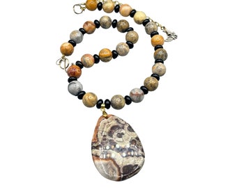 Handcrafted Leopard Jasper Necklace Beaded with Large Drop Shaped Pendant