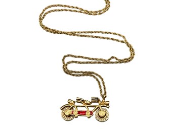 Vintage Swarovski Savvy Bicycle Pendant Necklace Crystals Red Enamel Signed Swan