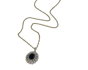 Elegant Necklace Flower Pendant Blue Glass Stone CZ Gold Over Sterling Chain 925