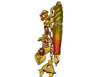 Kirks Folly Pen with Fairy Pin Brooch Cherub Gold Charms & Dangles Enameled