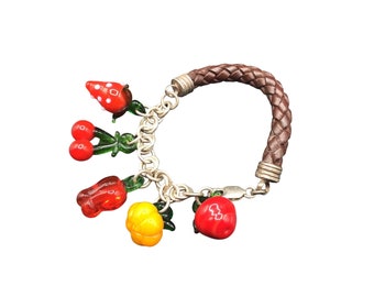 Fruit & Veggies Bracelet Art Glass Charms Leather and Sterling Silver Chain