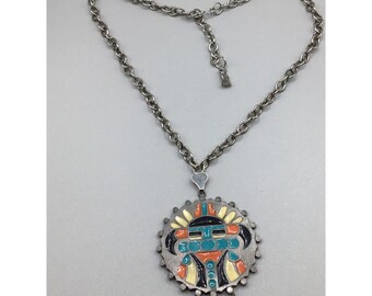 Signed Herman's Pewter Native Inspired Statement Necklace Colorful Enamel Tribal