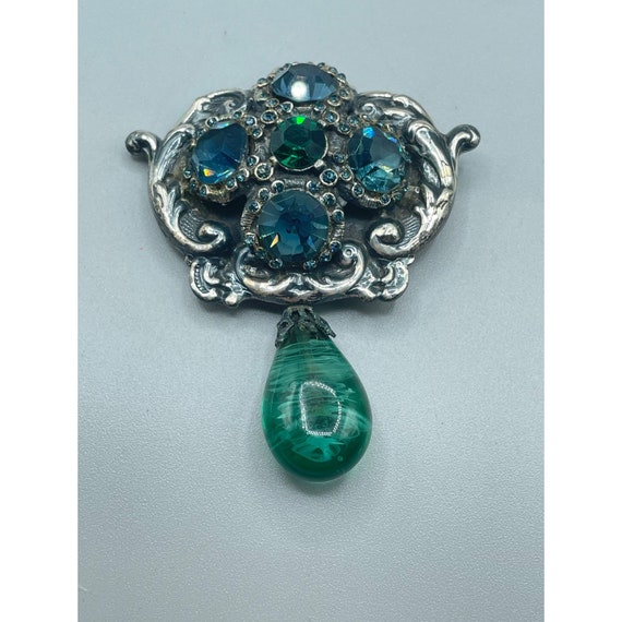 Vintage Jeweled Brooch Faux "Flawed" Emerald Drop… - image 2