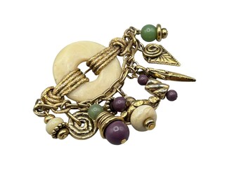 Cluster of Dangles Brooch Gold Tone Earthy Color 80s 90s Jewelry Lots of Beads