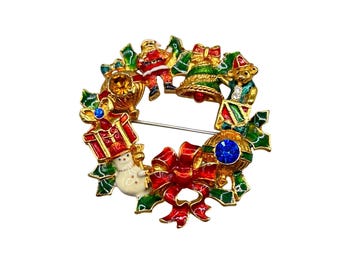 Christopher Radko Pin Brooch Enamel Christmas Wreath Santa Gift Holiday Jewelry
