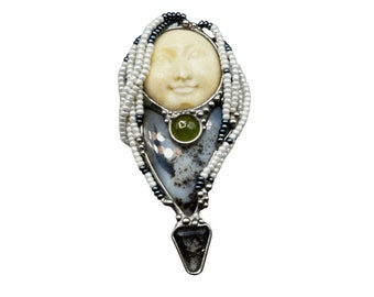 Smiling Moon Face Brooch Handcrafted Beaded Brutalist Pin Semi Precious Stones