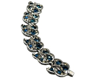 Signed Trifari Sapphire Blue Rhinestones Link Bracelet Wide Silver Tone Long
